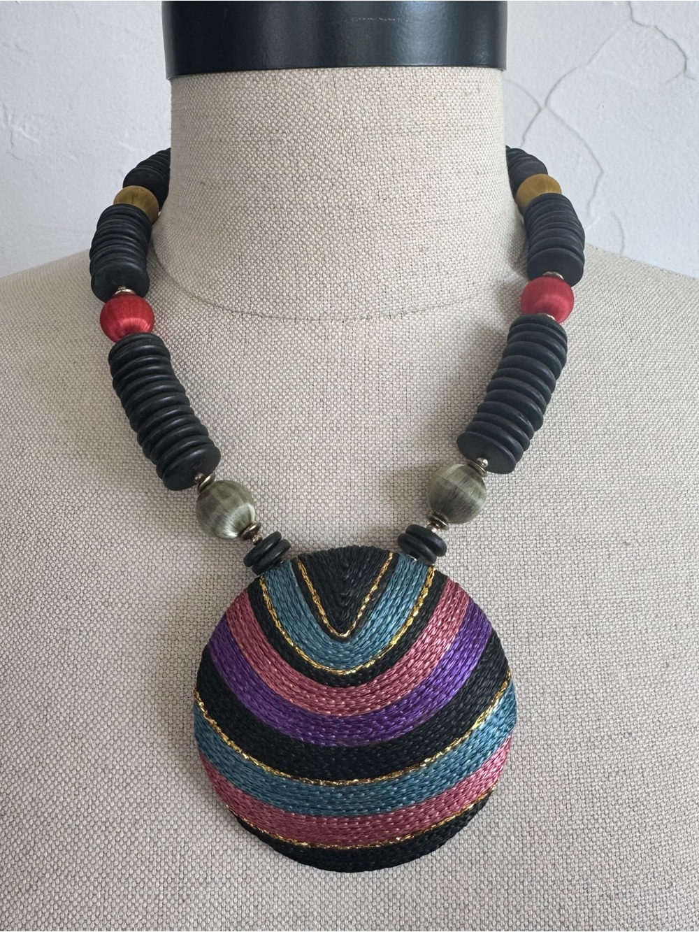 Vintage Statement Pendant Necklace Colorful Fiber Art Boho Chunky Beaded